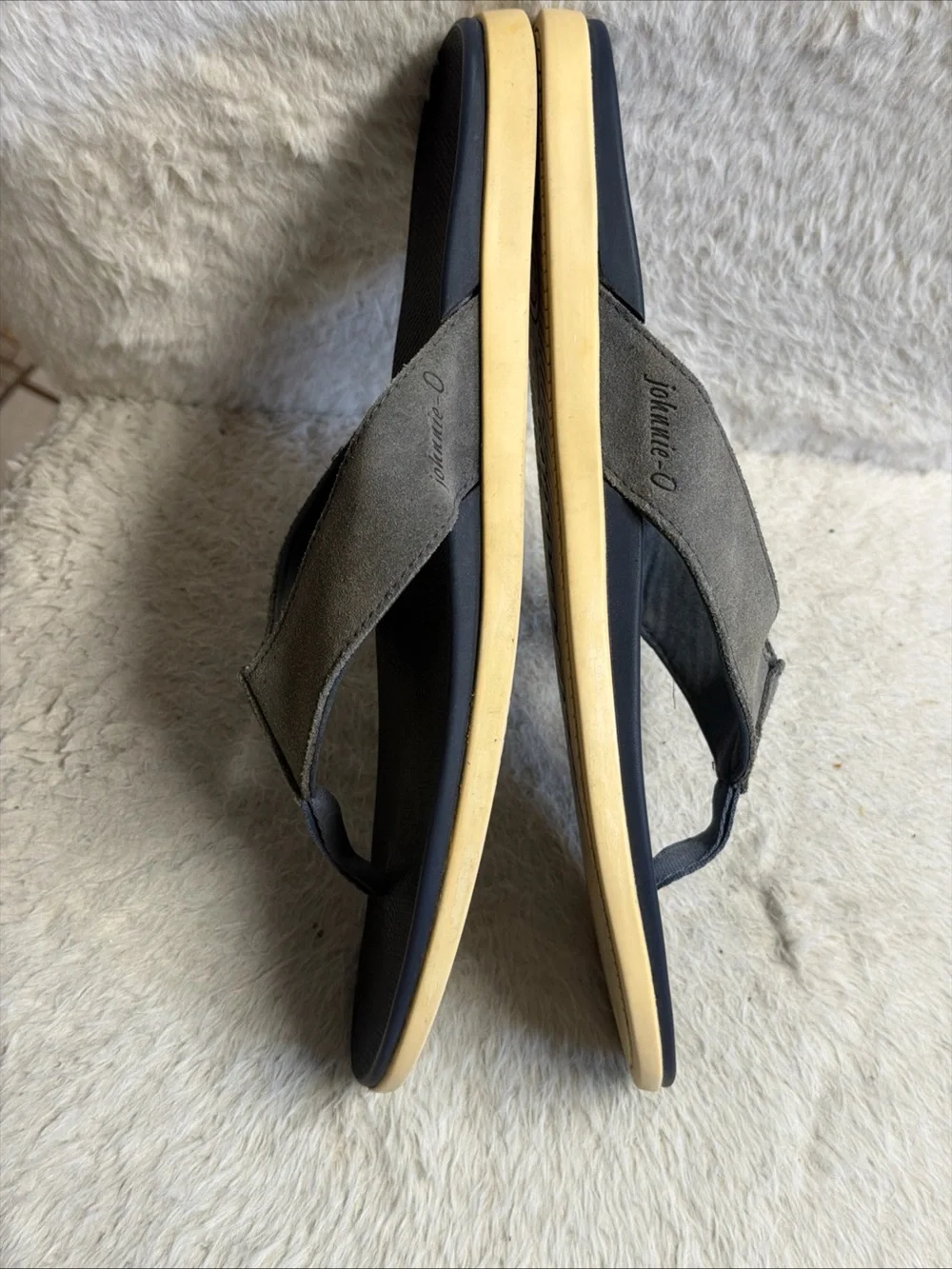 johnnie-O Gray Suede Strap Flip Flops with Navy Footbed